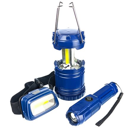 ‎SONA ENTERPRISES 3Pc Camping Light Set Collapsable Lantern, Head Lamp  Flashlight in Blue FL806-3BL